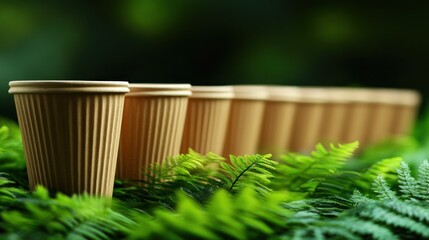 Beige disposable cups on fern foliage