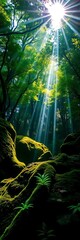 Obraz premium Sunlight filtering through a dense forest canopy, illuminating moss-covered rocks and ferns, wilderness, dappled light