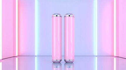 A pastel pink hair perm rod set, placed symmetrically on a reflective white table with soft ambient lighting