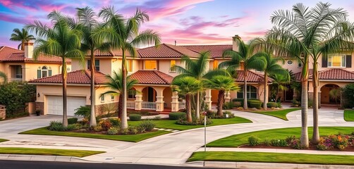 Fototapeta premium Upscale Costa Mesa homes, lush landscaping, palm trees, architecture, sunset