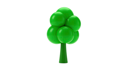 A digitally rendered, abstract tree with a green trunk and bubble-like canopy on black