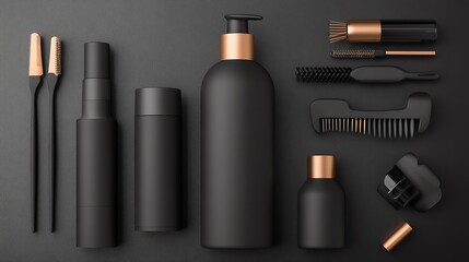 Obraz premium A professionalgrade hair perm kit, featuring matte black and gold bottles, surrounded by tools on a sleek table