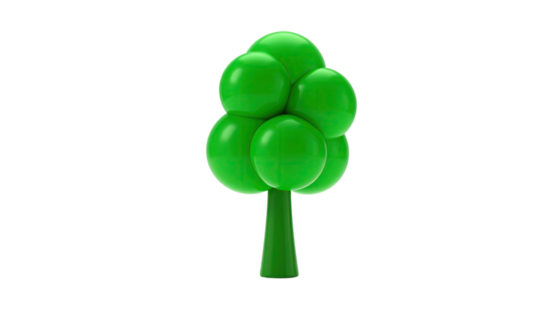 A digitally rendered, abstract tree with a green trunk and bubble-like canopy on black