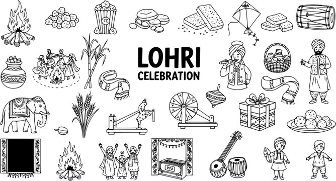 Lohri Celebration Doodle Set. Hand-drawn line art icons featuring traditional elements, food, dance, music, and activities of the Indian harvest festival.