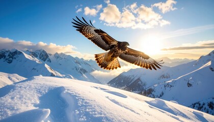 Hawk soars over snow-covered mountain range, bathed in golden sunlight, perfect for adventure and freedom concepts