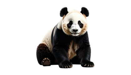 Portrait of a giant panda, black and white fur, sits upright against black