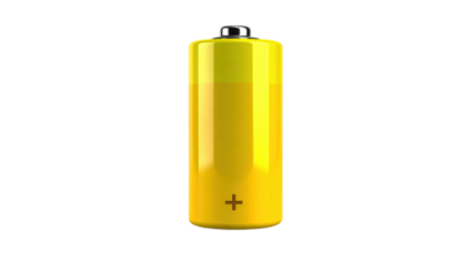Cylindrical yellow object with a black cap and plus sign. Isolated on black