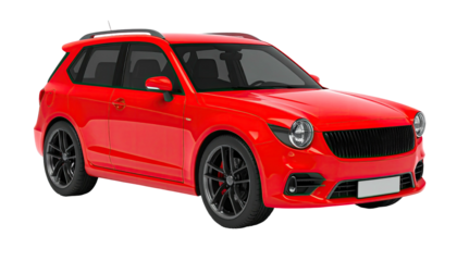 Bold red modern SUV with round headlights and a black grille, 3/4 view