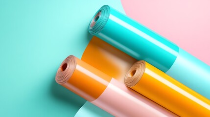 A realistic render of hands wrapping hair into bold teal and orange perm rods with sharp focus