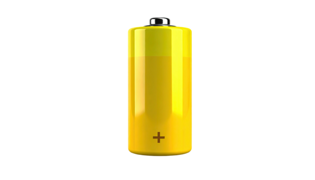 Cylindrical yellow object with a black cap and plus sign. Isolated on black