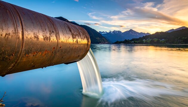 A rusty pipe pours liquid into a serene lake, mountains in the backdrop