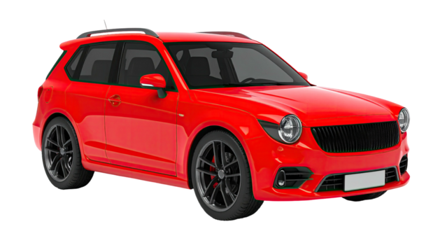 Bold red modern SUV with round headlights and a black grille, 3/4 view