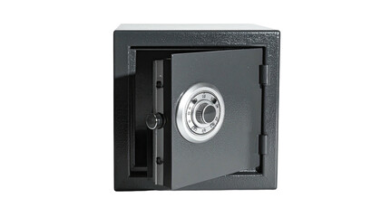 Open black metal safe with a combination dial on its door against a black background