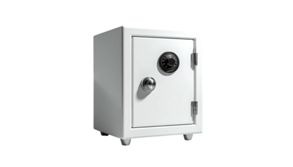 A small, white metal security box with a combination dial, handle, and hinges