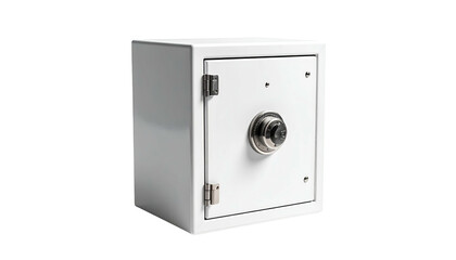 A small, white, rectangular safe with a combination dial and a hinged door