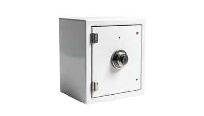 A small, white, rectangular safe with a combination dial and a hinged door