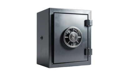 A dark gray, sturdy, metallic safe with a combination dial on its front