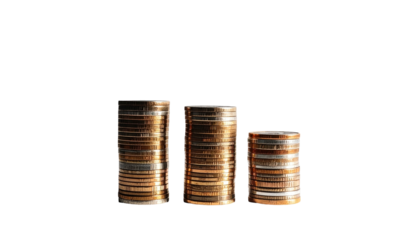 Three stacks of coins diminishing in height, isolated on black background