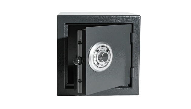 Open black metal safe with a combination dial on its door against a black background