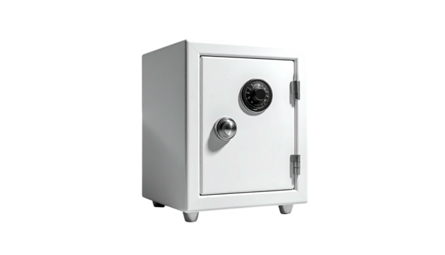 A small, white metal security box with a combination dial, handle, and hinges