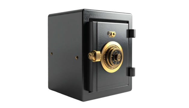 A black safe with a gold combination lock, set against a black backdrop