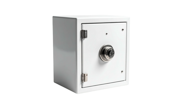 A small, white, rectangular safe with a combination dial and a hinged door