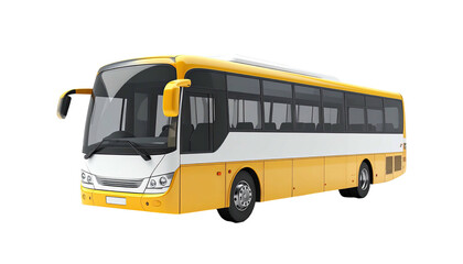 A yellow and white coach bus on a transparent background, side view