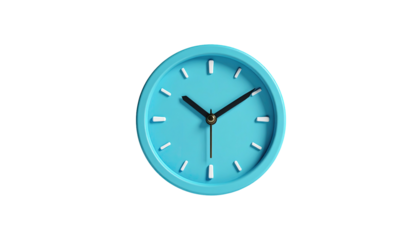 A vivid blue clock with white markers, black hands against a black background