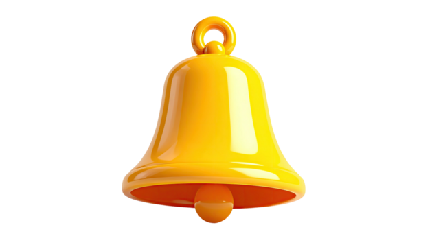 Shiny, golden 3D bell with loop and clapper, isolated against a black backdrop