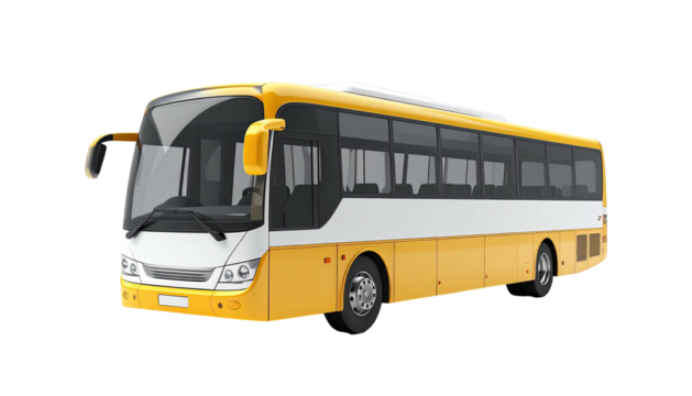 A yellow and white coach bus on a transparent background, side view
