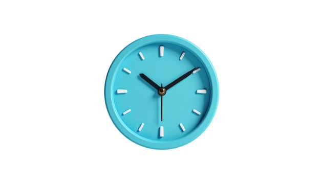 A vivid blue clock with white markers, black hands against a black background