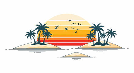 Tropical Beach Island Sunset Scene Vector Illustration