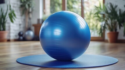 Blue exercise ball on mat in room