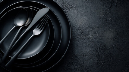 A stylish arrangement of elegant black tableware displayed on a dark, textured surface. Perfect for restaurant menus, culinary advertising, interior design, lifestyle    made with generative AI