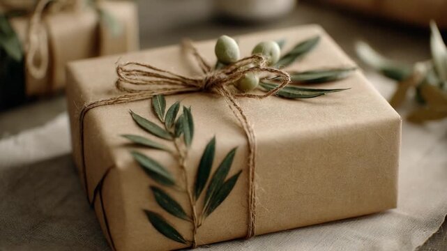 Gift Box Wrapped with Natural Elements: A beautifully wrapped gift box is adorned with natural elements like leaves and twine, conveying a sense of rustic elegance and thoughtful presentation.