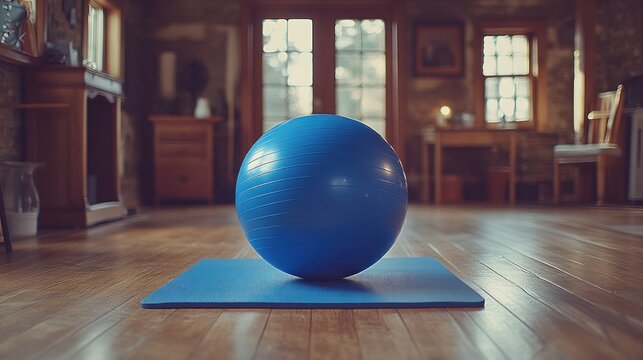 Blue exercise ball on yoga mat
