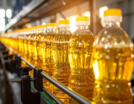Bottled liquid product moving down an automated conveyor