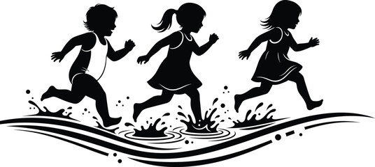 Children running through water silhouette vector with splashes, playful motion, summer activity, outdoor fun, and joyful childhood energy