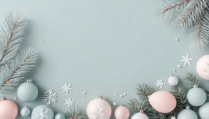 minimalist pastel winter composition with pine branches, snowflakes, and ornaments, calm soft tones