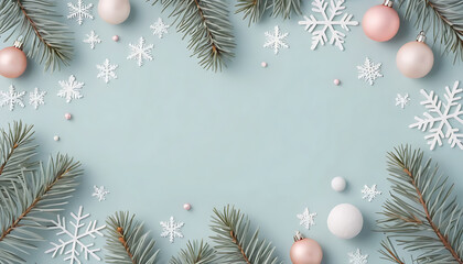 minimalist pastel winter composition with pine branches, snowflakes, and ornaments, calm soft tones
