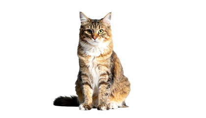 A medium-haired tabby cat sits and faces the viewer against a solid black backdrop