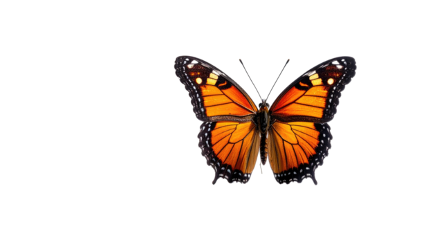 A vibrant orange and black butterfly with open wings against a stark black backdrop
