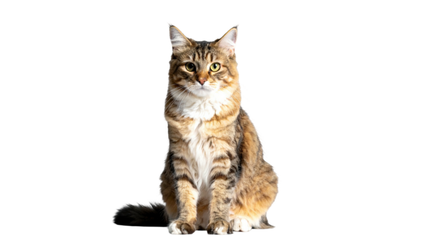 A medium-haired tabby cat sits and faces the viewer against a solid black backdrop