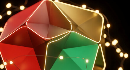Close up of a colorful geometric lantern with warm bokeh lights in the background
