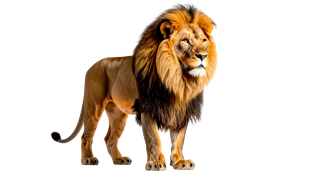 Majestic lion stands proudly, showcasing its impressive mane against a stark black background