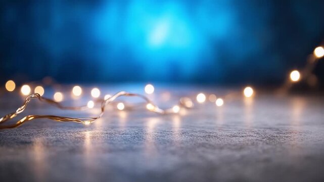 Illuminating Sparkles in the Blue: A close-up showcases a string of delicate fairy lights gently illuminating a textured surface, with the lights twinkling against a backdrop of deep blue.