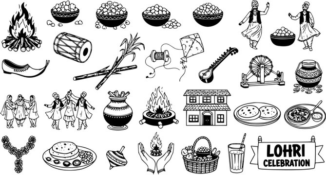 Lohri Harvest Festival Hand-Drawn Doodle Set: Bonfire, Traditional Punjabi Food, Folk Dance, Music, Cultural Symbols, and Winter Celebration Elements