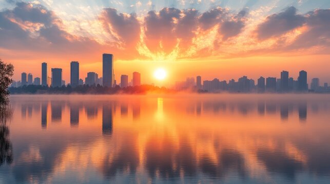 City skyline at sunrise over a lake