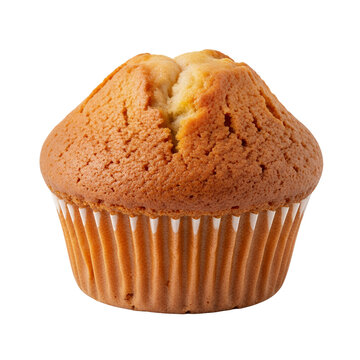 A single, freshly baked golden-brown muffin, with a classic domed top and textured sides, is presented on a pristine white background