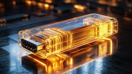 Clear, glowing USB device on dark surface